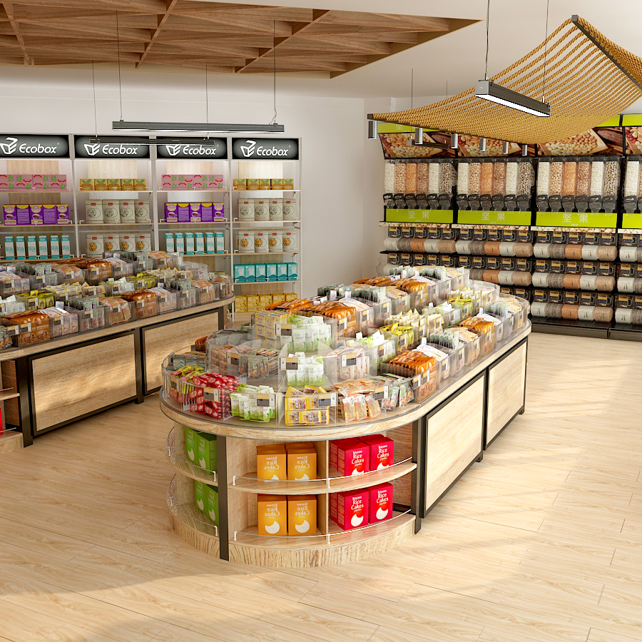 Ecobox MG-011 prateleira de supermercado de exibição de madeira para merchandising de alimentos a granel 