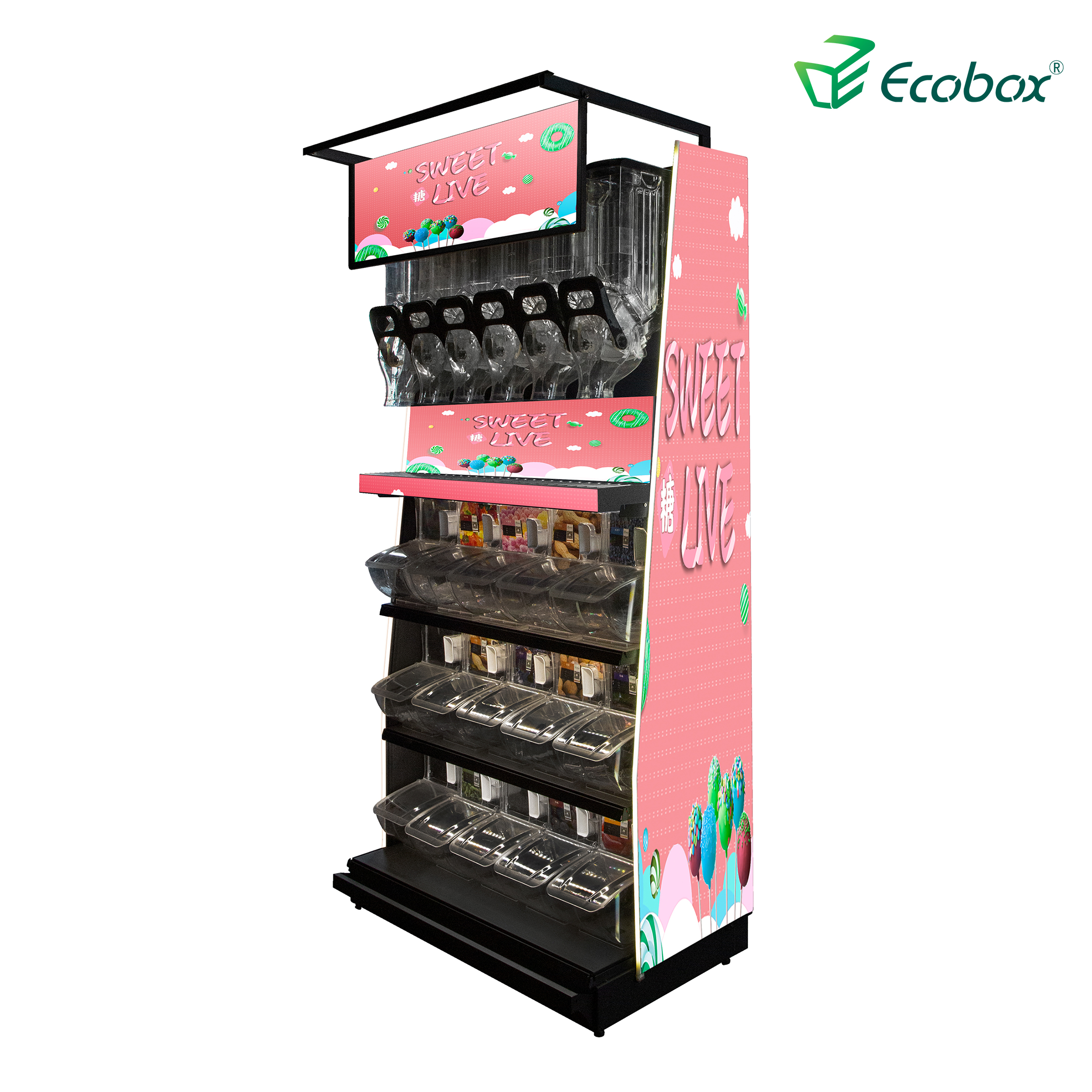 Ecobox TG-0615 Candy nuts display pick n mix solução para merchandising a granel com caixa de gravidade e caixas de colher